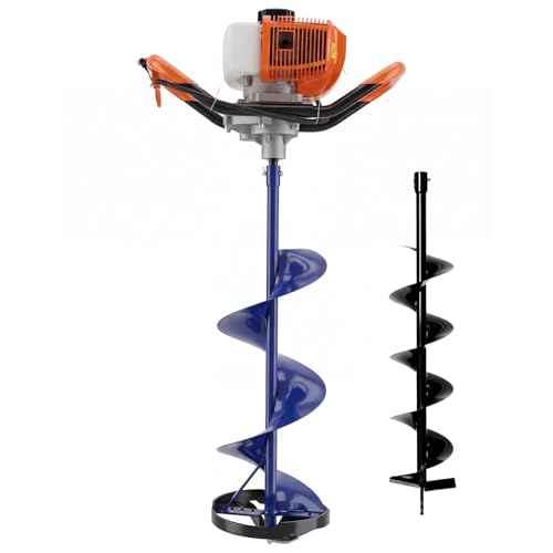52CC 2 Stroke Gas Powered Ice Auger, Ice Fishing Auger with 10 Inch Diameter 31.5' Length Drill Bit & EPA Certificate, Earth Auger Post Hole Digger for Ice Burrowing Drilling, Farm, Garden, Plant