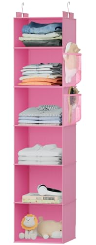 Hanging Closet Organizer and Storage with Bamboo Support, 6-Shelf Closet Hanging Storage Shelves, Closet Organizers Easy Mount Foldable for Bedroom (Pink)