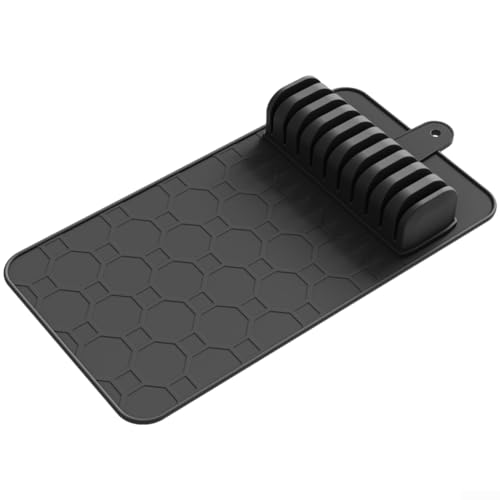 FUBESK Bandeja de almacenamiento de cubiertos de silicona con alfombrilla de secado antideslizante y diseño desmontable, organización de cajones de cocina, color gris