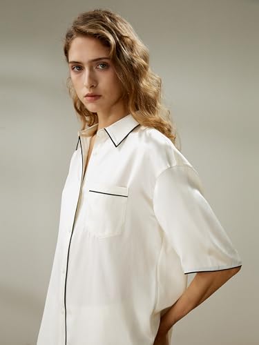 LilySilk Silk Pajama Set for Women 100% Short Sleeves Button-Down Pajama Shirt Top & Mid-Rise Waisted Pants Casual4