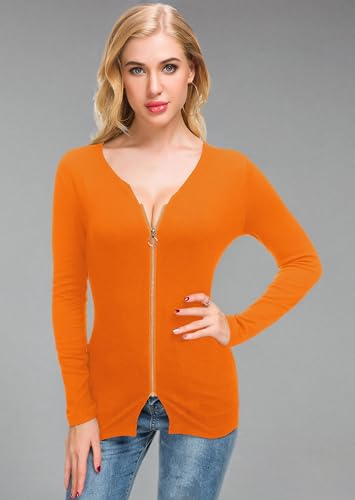 Image of Afibi Women V Neck Zip Front Long Sleeve Casual Top Blouse Shirt /Cardigan
