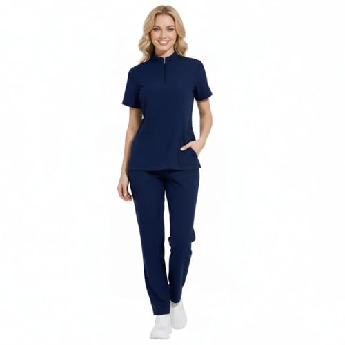 Meichoon - Ensemble de blouses pour femmes - Top classique à fermeture éclair et col en V - Pantalon de yoga extensible et absorbant la sueur - Uniforme médical DK50Bleu foncé L – vue 3