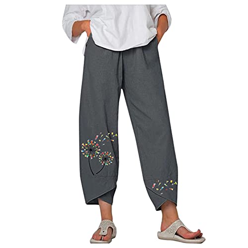 Hanaturu Palazzo - Pantalones cortos para mujer, de lino, pierna ancha, con estampado de mariposas, transpirables, para yoga, capri, pantalones de chándal sueltos, 04-Grey, S