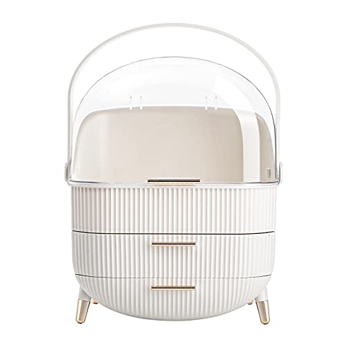 ZOOFOX Makeup Organizer, Waterproof and Dustproof Cosmetics Storage Display Box Case with Lids Fully Open and Drawers, Portable Handle Skincare Holder for Bathroom Countertop, Desk, Dresser ( White )
