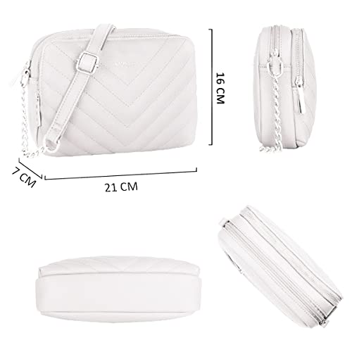 CRAZYCHIC - Sac Bandoulière Matelassé Femme - Petit Sac à Main Chaîne Porté Epaule Cuir PU - Pochette Rectangle 2 Compartiments Zip - Besace Sacoche Ville Shopping Soirée Tendance - Blanc – vue 6