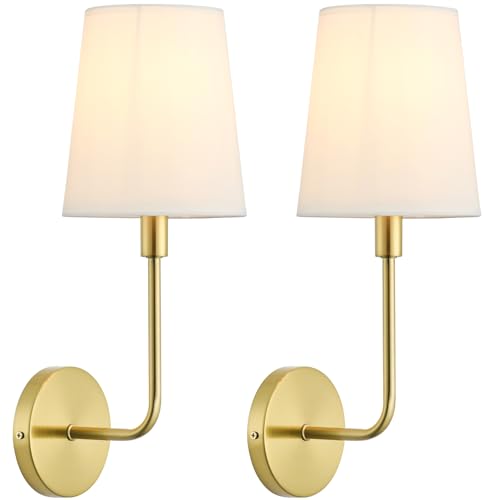 Image of PASSICA Decor Hardwired Wall Sconces Set of 2, Gold Wall Lighting Fixture with Flared White Fabric Shade, Vintage Lamps for Living Room Bedroom Bathroom Hallway