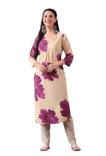 Image of Ichaa Women's Pure Cotton A-Line Ethnic V-Neck Kurta with 3 /4th Sleeve for Daily and Office Wear, in Plus Sizes