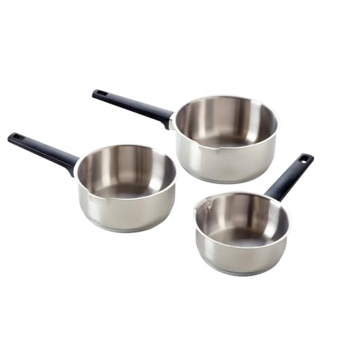 Qulinart Juego de 3 cacerolas, base triple, sin PFOA, antiadherente, de acero inoxidable, mango de baquelita resistente a los arañazos, apto para todo tipo de cocinas, incluida inducción, apto para