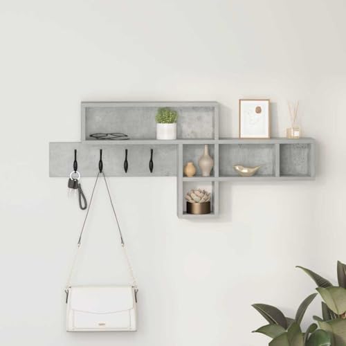 Porte-manteau mural durable en bois gris béton de 100 cm avec crochets robustes et étagère - 2