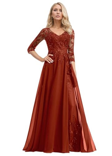 IIF Lace Applique Mother of Bride Dresses 3/4 Sleeve Chiffon Long Mother of The Groom Dresses for Wedding IIF174