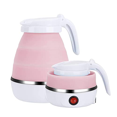 Foldable Electric Kettle for Travel, Portable Collapsible Silicone Boiler, Tea/Coffee Maker with Detachable Power Cord, Ideal for Outdoor Hiking, Caravan, and Bedroom Use (Pink)