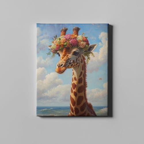 Girafe avec couronne de fleurs pour habiller un mur vide avec une toile originale