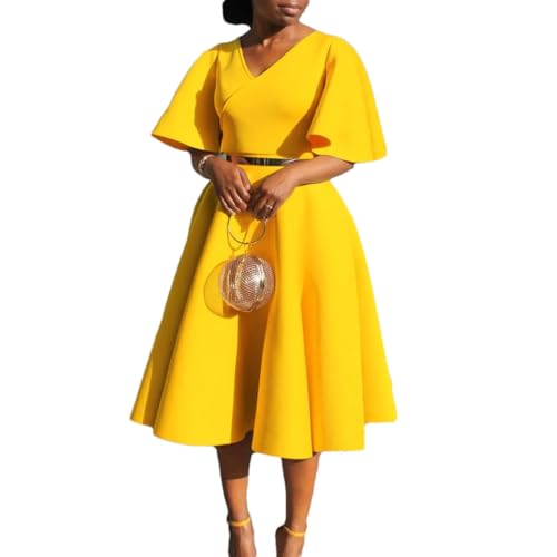 Pulcykp Women Solid Round Neck Party Dress African Flare Sleeve A-Line Dress