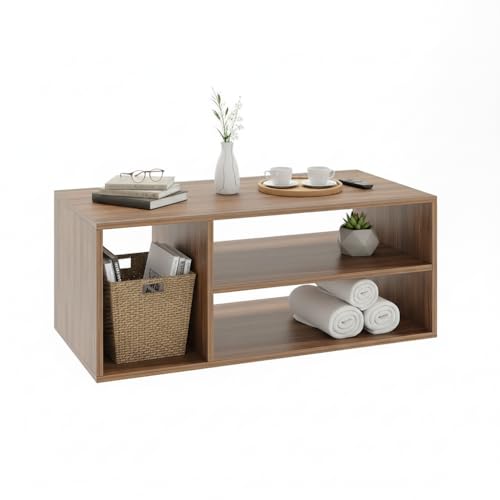 Image of FURNEASER Medina Modern Engineered Wood Coffee Table with Open Storage Shelves | Wooden Center Table for Living Room, Sofa Area & Lounge | Multipurpose Tea Table with Storage (Exotic Teak)