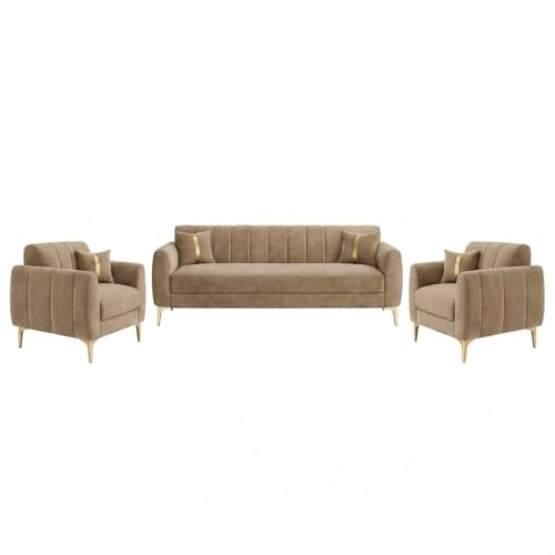 Image of Hermione Luxe Velvet-Suede Fabric 3 Seater + 1 Seater + 1 Seater Sofa Set | Golden Legs | Comfortable & Spacious Seating | Modern Sofa Set for Living Room - Beige