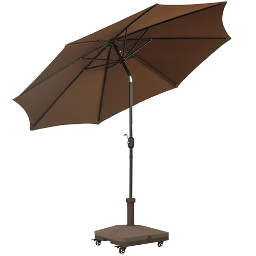 Outsunny Parasol de Jardin Rond Ø 3 m avec Pied et Base de Lestage Carré 4 Roulettes en HDPE - Manivelle Inclinable - Chocolat et Marron