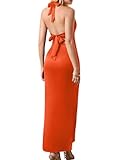 ChiaoLezhee V Neck Dress for Women, Halter Backless, Wedding Guest Cocktail, Bow Open Back Semi Formal Sexy Flowy Maxi Dresses Bridesmaid Vacation Date Night Deep Pastel Satin Silk, Orange, Large