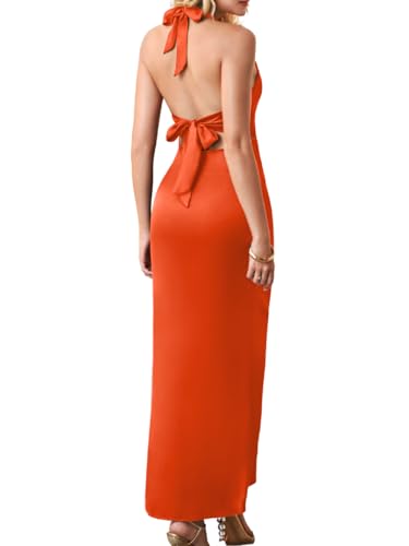 ChiaoLezhee V Neck Dress for Women, Halter Backless, Wedding Guest Cocktail, Bow Open Back Semi Formal Sexy Flowy Maxi Dresses Bridesmaid Vacation Date Night Deep Pastel Satin Silk, Orange, Large
