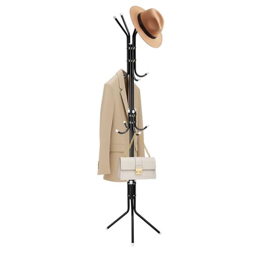 Youyijia Coat Rack Stand Cloak Rack Metal Hanger with 12 Hooks Clothes Rack 3 Tier Freestanding Storage Holder Hat Handbag Jacket Umbrella Hanging Organiser for Homes Office Entryway Hallway Black
