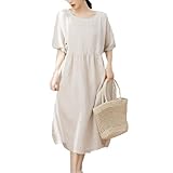 [ROSELUCA.] 【 清涼感溢れる】 リネン ワンピース レディース 半袖 ミモレ丈 ロング ナチュラル 大人可愛い 体型カバー 夏 プルオーバー Uネック 涼しい シンプル 50代 カジュアル 楽ちん 普段着 おうち時間 ベージュ L