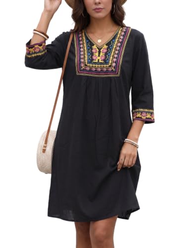 Image of LauraKlein Mexican Embroidered Dress for Women Plus Size Boho 3 /4 Sleeve Summer Dresses Fiesta V-Neck Casual Vacation Clothes