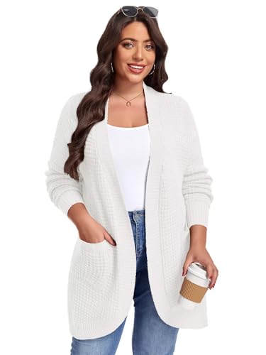 Image of LARACE Long Cardigans for Women Plus Size Tops Open Front Sweaters with Pockets Waffle Ribbed Sleeve Loose Fall Outwear