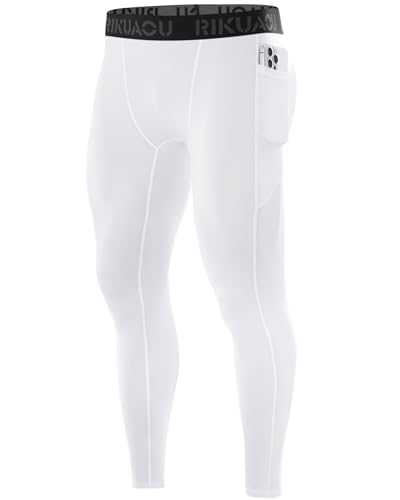 RIKUAOU Mens Compression Pants Running Leggings Athletic Base Layer Workout Tights with Pockets for Sports Basketball White