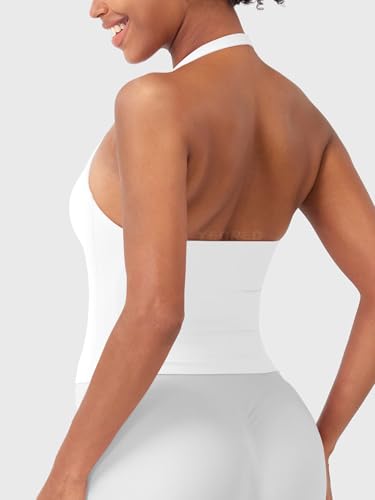 Image of YEOREO SoftHue Women's Impact Halter Tank Top Longline Backless Scoop Neck Built-in Bra Sports Workout Gym Crop Top
