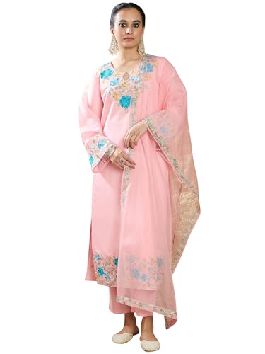Image of INDO ERA Womens Silk Blend Embroidered Straight Kurta Pant Dupatta Set (IESTR6713)