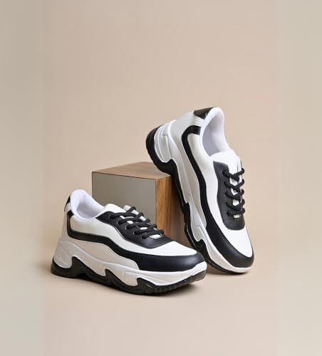 Image of JM LOOKS Women Lace-Up Sneakers Casual Shoes Monochrome Chunky Sneakers for Women & Girls