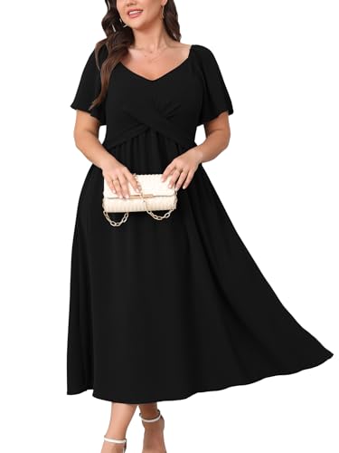 Image of SCOMCHIC Women Plus Size Midi Dresses Short Sleeve V Neck Twist Front Summer Wedding Guest Smocked Flowy A Line Dress