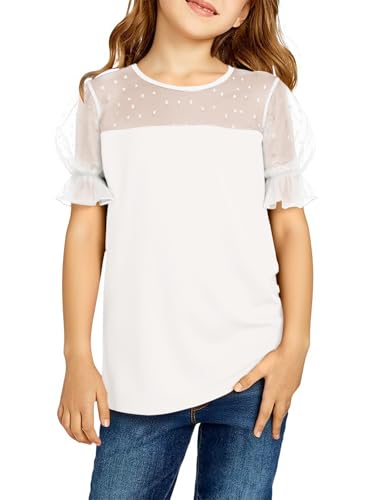 Image of Haloumoning Girls Shirts Sheer Puff Sleeve Tops Cute Swiss Dots Summer Blouse Tee 5-14 Years