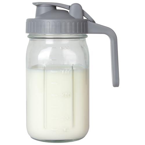 Image of Breast Milk Pitcher, Mason Jar 32 oz, Heavy Duty Wide Mouth Jar with Flip Cap Lid and Pour Spout - Airtight Seal for Freshness and Convenience - Great for Cold Beverages, and Home Entertaining