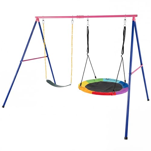 COSTWAY Set Altalena da Giardino per Bambini, Struttura di Metallo ad A con 1 Sedile in EVA Morbido e 1 Altalena Nido, Capacità 300 kg, Ideale per Giardino Parco Giochi (Rosso+Blu, Altalena+Supporto)