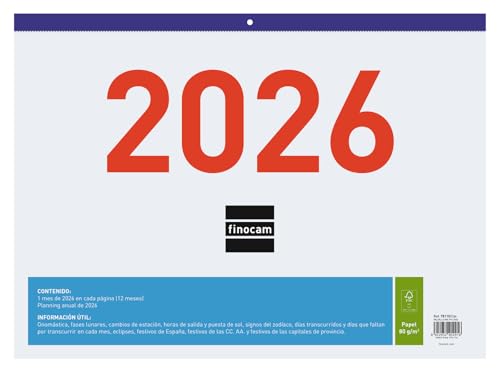 Finocam - Calendario de Pared Números Grandes 2026 Mes Vista Enero - Diciembre (12 meses) | Calendario 2026 | Planificador mensual | Faldilla 2026 Mixta - Español