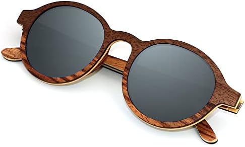 ANDWOOD Wood Sunglasses Polarized for Men Women UV Protection Wooden Sun Glasses Bamboo Shades Round Black Handmade