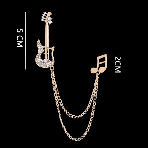 Image of Fashion Guitar Long Chain Lapel Brooch Pin with Music Note Rhinestone Musical Instrument Tassel Pins for Women Girls Men Suit Sweater Coat Jacket Backpack Brooches Pins Musician Party Clothes Accessories Jewelry Gifts