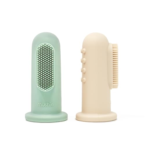 Image of mushie Baby Finger Toothbrush (Cambridge Blue/Shifting Sand) 2-Pack