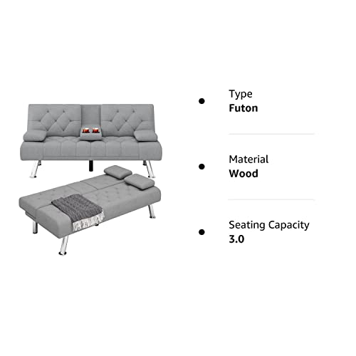 Hifit Futon Sofa Bed, Upholstered Convertible Folding Sleeper Sofa Bed With Removable Armrests, Modern Futon Couch For Living Room, Bedroom, 2 Cupholders, Metal Legs, Grey #TOP6