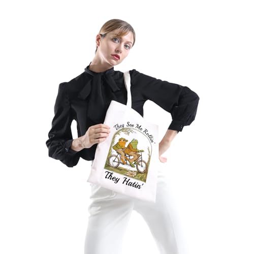 POFULL Frog Inspired Gift They See Me Rollin Tote Bag Literary Gift (Frog They See Tote Bag)4