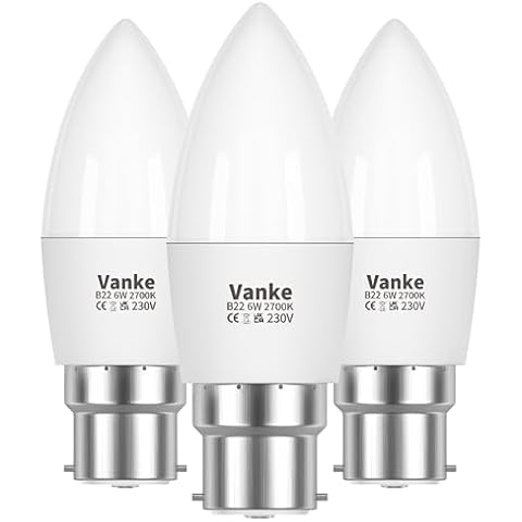 Vanke Bayonet Candle Light Bulb 40w Equivalent, B22 LED Bulbs Warm White 2700K, 6w Energy Saver Bulb, 470 Lumen, Non-Dimmable, 3-Pack Cover