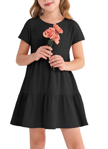 Girls Waffle Knit Button Detail Tiered Dresses Short Sleeve Casual Sun Beach Dress