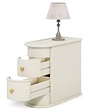 LITTLE TREE End Table, Off-White Wooden Side Table with 2 Drawers, No Assembly Required Sofa Side Table, Closed Back, Vintage Slim Nightstand Bedside Table for Bedroom