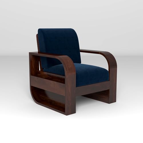 Image of Solid Sheesham Wooden 1 Seater Sofa Set with Blue Cushion for Living Room Furniture - Walnut Finish