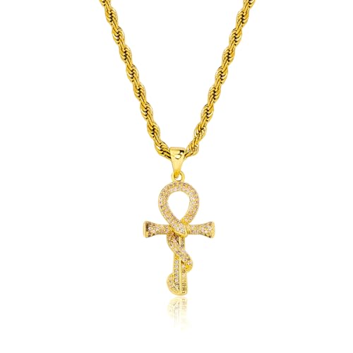 JINAO Ankh Cross Necklace for Men 14K Gold Plated - Snake Coiled Egyptian Symbol Cross Pendant with 5A Cubic Zirconia, 24