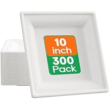 ECOLipak 10 Inch Square Paper Plates, 300 Pack Compostable Heavy Duty Biodegradable Paper Plates, Made from Sugarcane, Eco Friendly White Disposable Plates for Party, Dinner