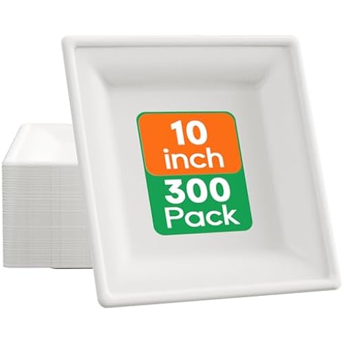 ECOLipak 10 Inch Square Paper Plates, 300 Pack Compostable Disposable Plate
