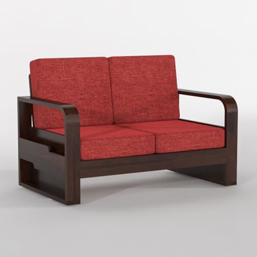 Image of Solid Sheesham Wooden 2 Seater Sofa for Living Room | Sofa with Side Pocket Storage & Cushion | Rosewood Sofa Set for Home (Walnut with Red Cushion, 2 Seater)