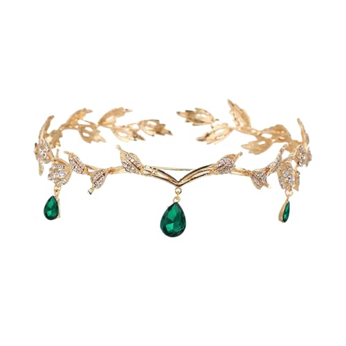 Diyxisk Elfen Schmuck Gold Bußgeld Elfen Krone Retro Elfen Kopfschmuck Hochzeit Braut Diadem Prinzessin Kristall Haarschmuck Grün für Cosplay Hochzeiten und Karnevalsveranstaltungen