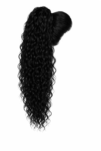 Coda Capelli Extension Riccia, Lunga: 70 cm - Peso: 146 g con Coulisse Regolabile - Coda Finta Capelli, Voluminosa in Termofibra Naturale, Facile da Applicare, JACY, (Black, 70 cm)